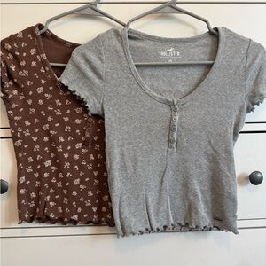 Hollister Gray and Brown Floral Short Sleeve Tops